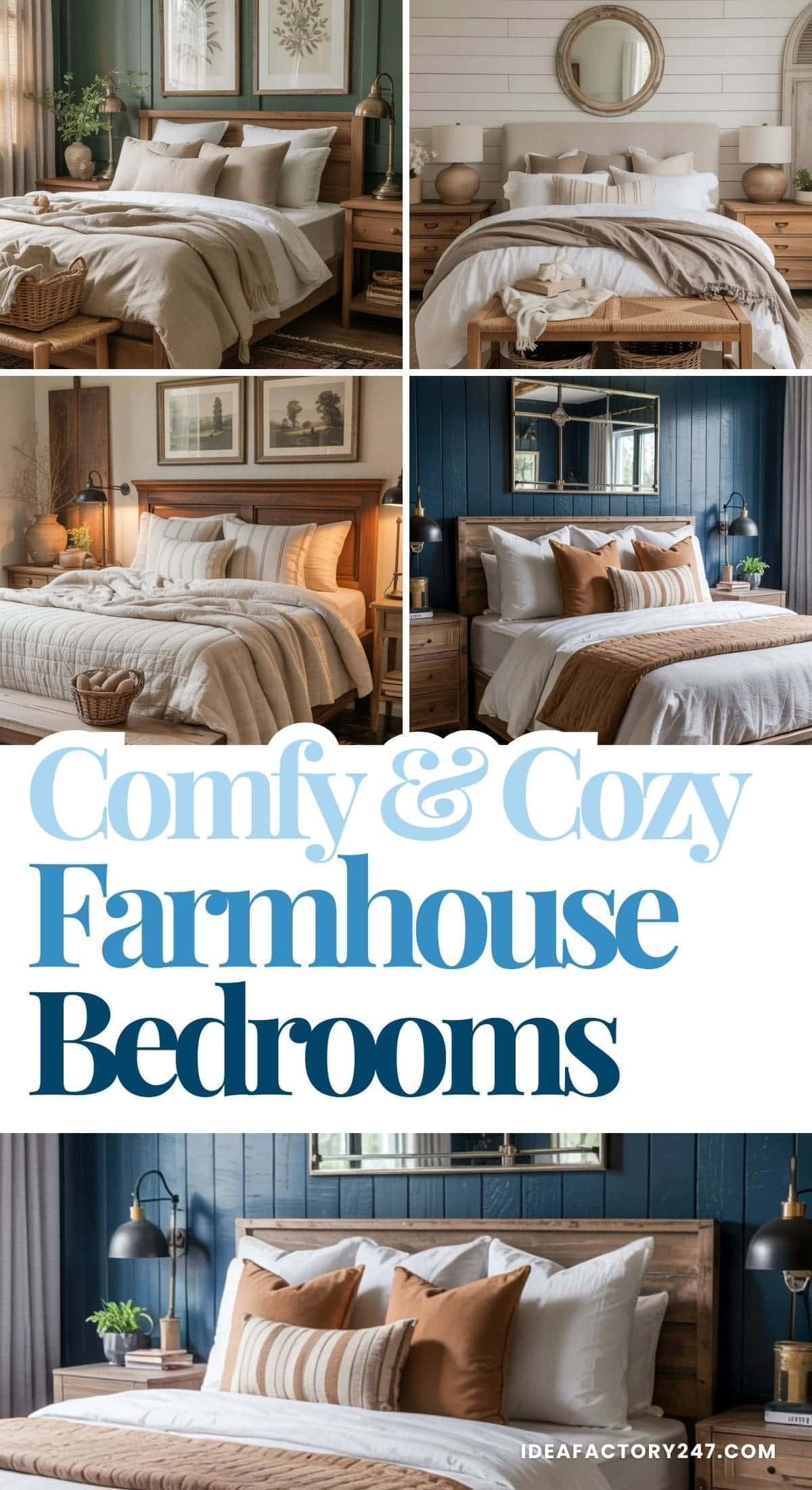 A collage of five cozy farmhouse bedrooms with neutral bedding, wood furniture, and rustic decor, featuring warm lighting and pillows. The text reads "Comfy & Cozy Farmhouse Bedrooms" in blue letters.