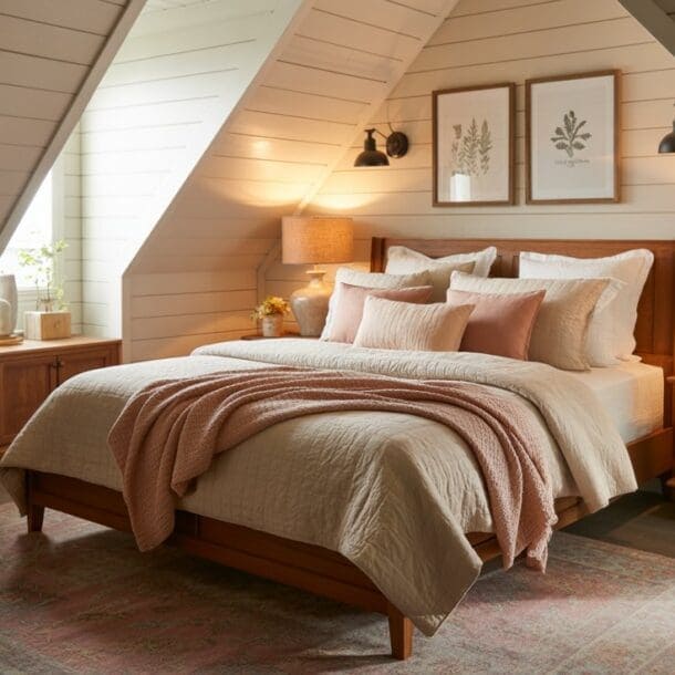Cozy farmhouse bedroom featuring a wooden bed with cream and pink bedding, two bedside tables with lamps, framed botanical art on white paneled walls, and a soft pink rug. Warm and inviting decor throughout.