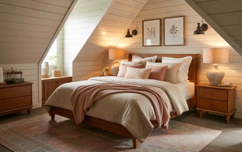 Cozy farmhouse bedroom featuring a wooden bed with cream and pink bedding, two bedside tables with lamps, framed botanical art on white paneled walls, and a soft pink rug. Warm and inviting decor throughout.
