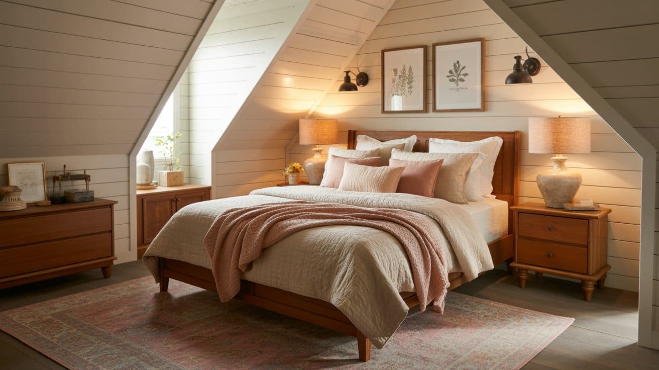 Cozy farmhouse bedroom featuring a wooden bed with cream and pink bedding, two bedside tables with lamps, framed botanical art on white paneled walls, and a soft pink rug. Warm and inviting decor throughout.