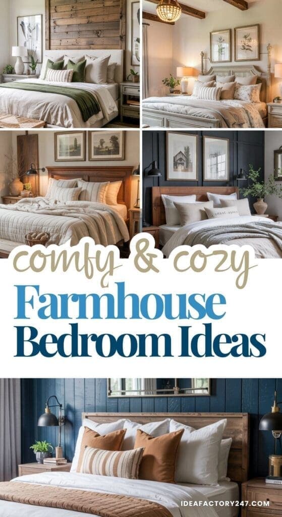 A collage of stylish, cozy farmhouse bedrooms featuring comfy beds with neutral bedding, wooden accents, decorative pillows, warm lighting, and rustic charm. Text reads: Comfy & Cozy Farmhouse Bedroom Ideas.
