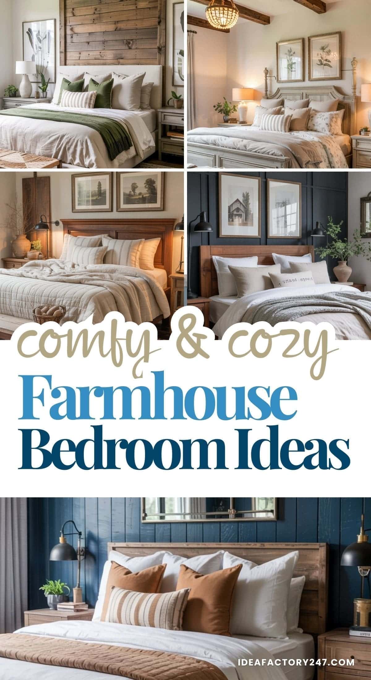 A collage of stylish, cozy farmhouse bedrooms featuring comfy beds with neutral bedding, wooden accents, decorative pillows, warm lighting, and rustic charm. Text reads: Comfy & Cozy Farmhouse Bedroom Ideas.