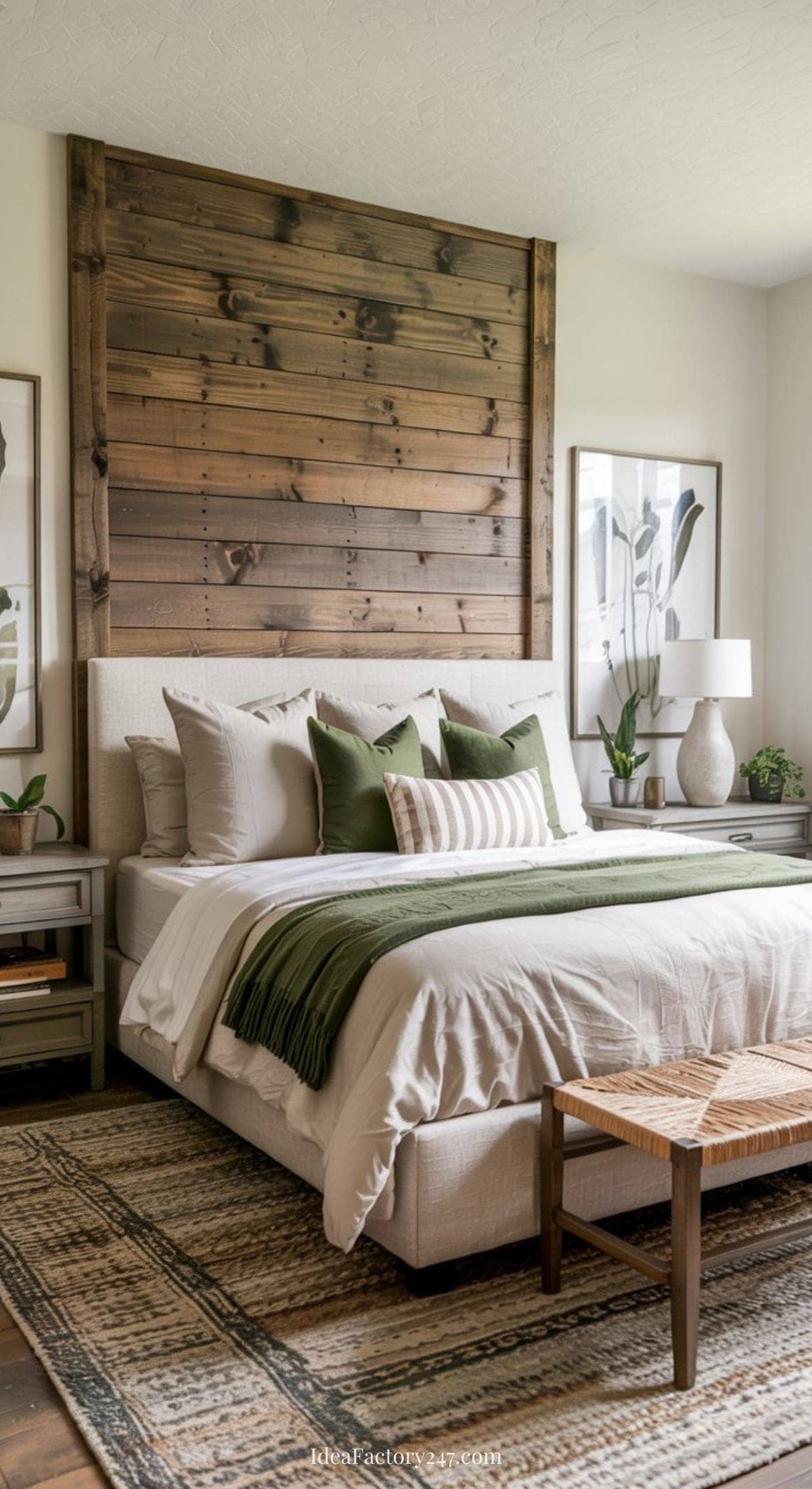 A cozy farmhouse bedroom with a bed featuring green and white bedding, a wooden accent headboard, botanical wall art, a woven bench at the foot of the bed, and two side tables with lamps and plants.