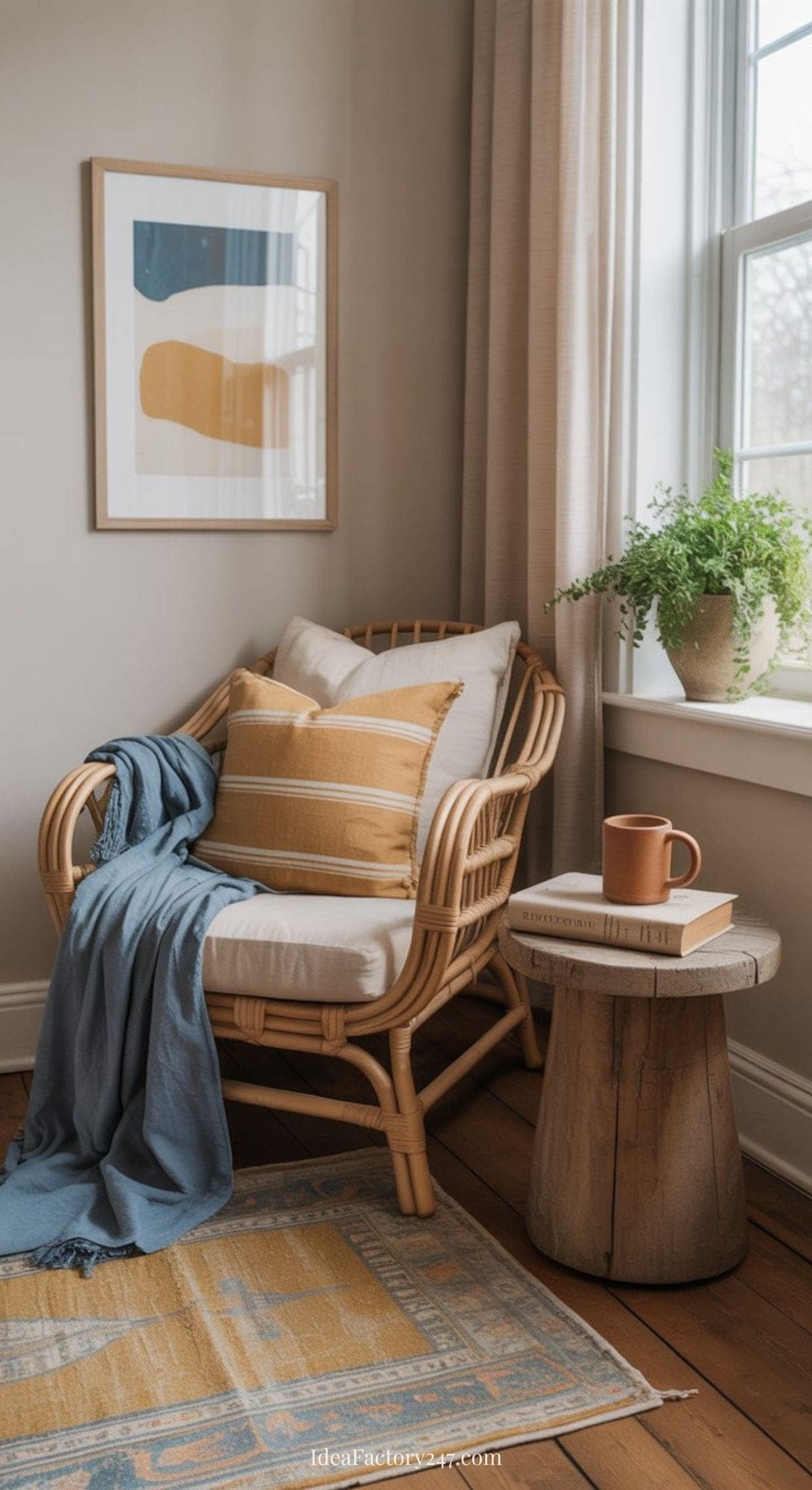 A cozy reading nook with a rattan chair and yellow-striped cushion, a blue throw blanket, a wooden side table with books and a mug, a potted plant on the windowsill, and abstract wall art. Natural light fills the space.