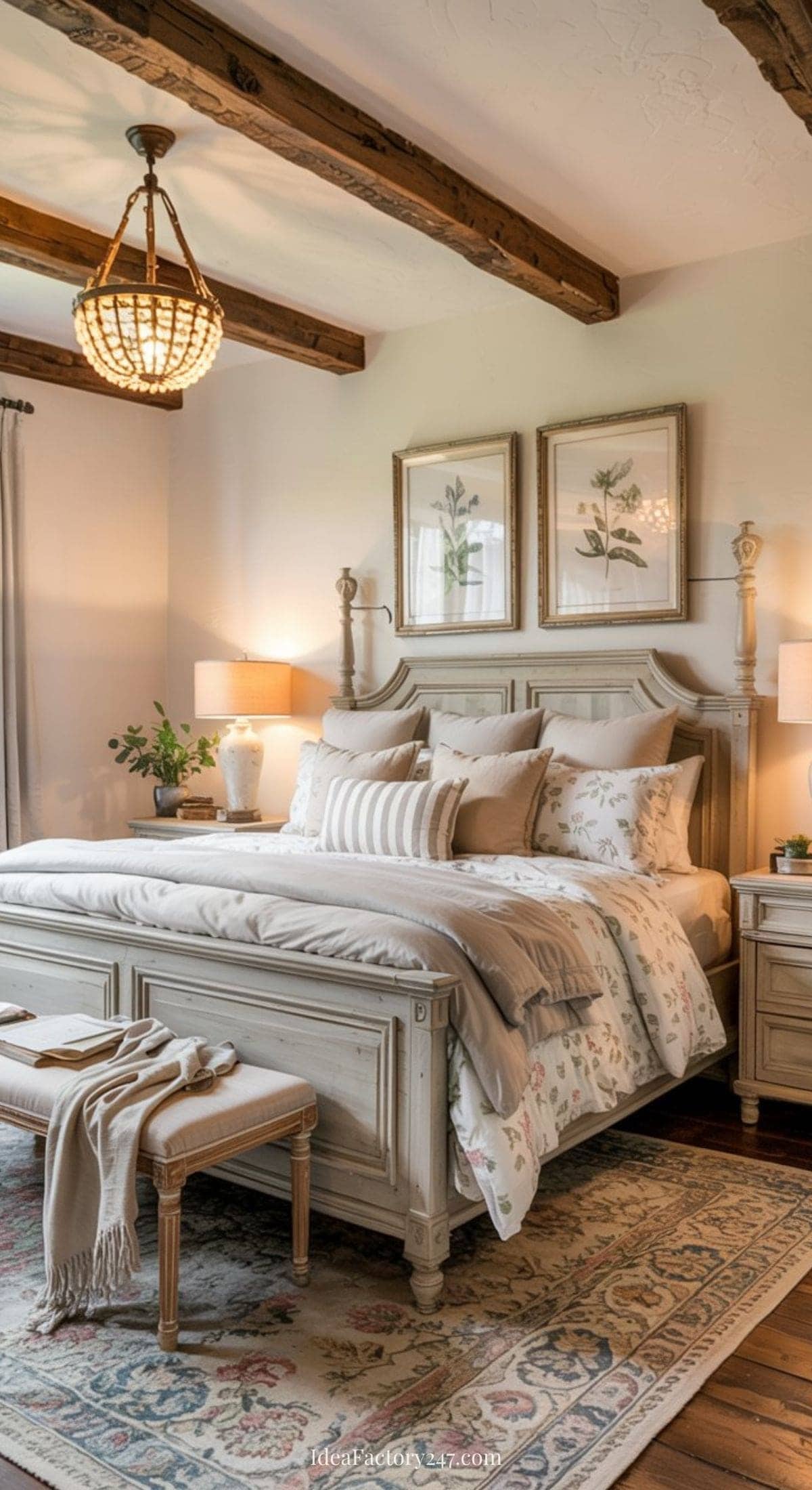 A cozy farmhouse bedroom with a rustic wooden bed, floral bedding, matching nightstands, bench, and a soft rug. Exposed ceiling beams, botanical wall art, and warm lamps create a welcoming, elegant atmosphere.