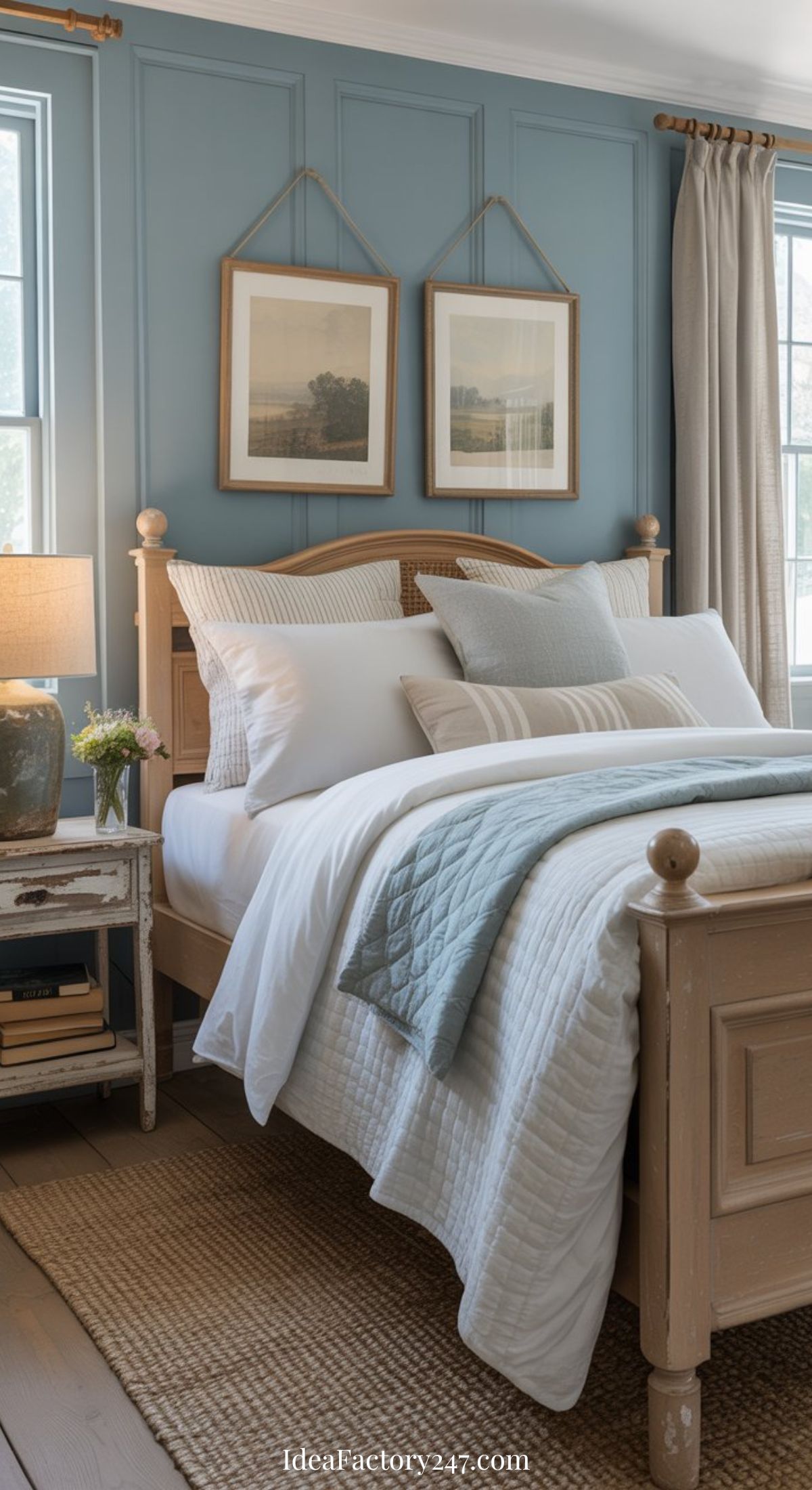 A cozy farmhouse bedroom with a wooden bed frame, white and light blue bedding, throw pillows, a rustic nightstand with a lamp, and two framed pictures on a blue paneled wall between windows with beige curtains.