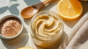 An open jar of creamy body butter sits on a table beside a wooden spoon, a small container of powder, a textured towel, and sliced oranges in bright sunlight.