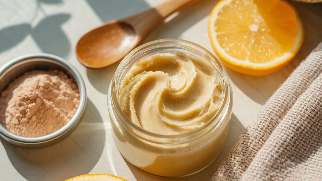 An open jar of creamy body butter sits on a table beside a wooden spoon, a small container of powder, a textured towel, and sliced oranges in bright sunlight.