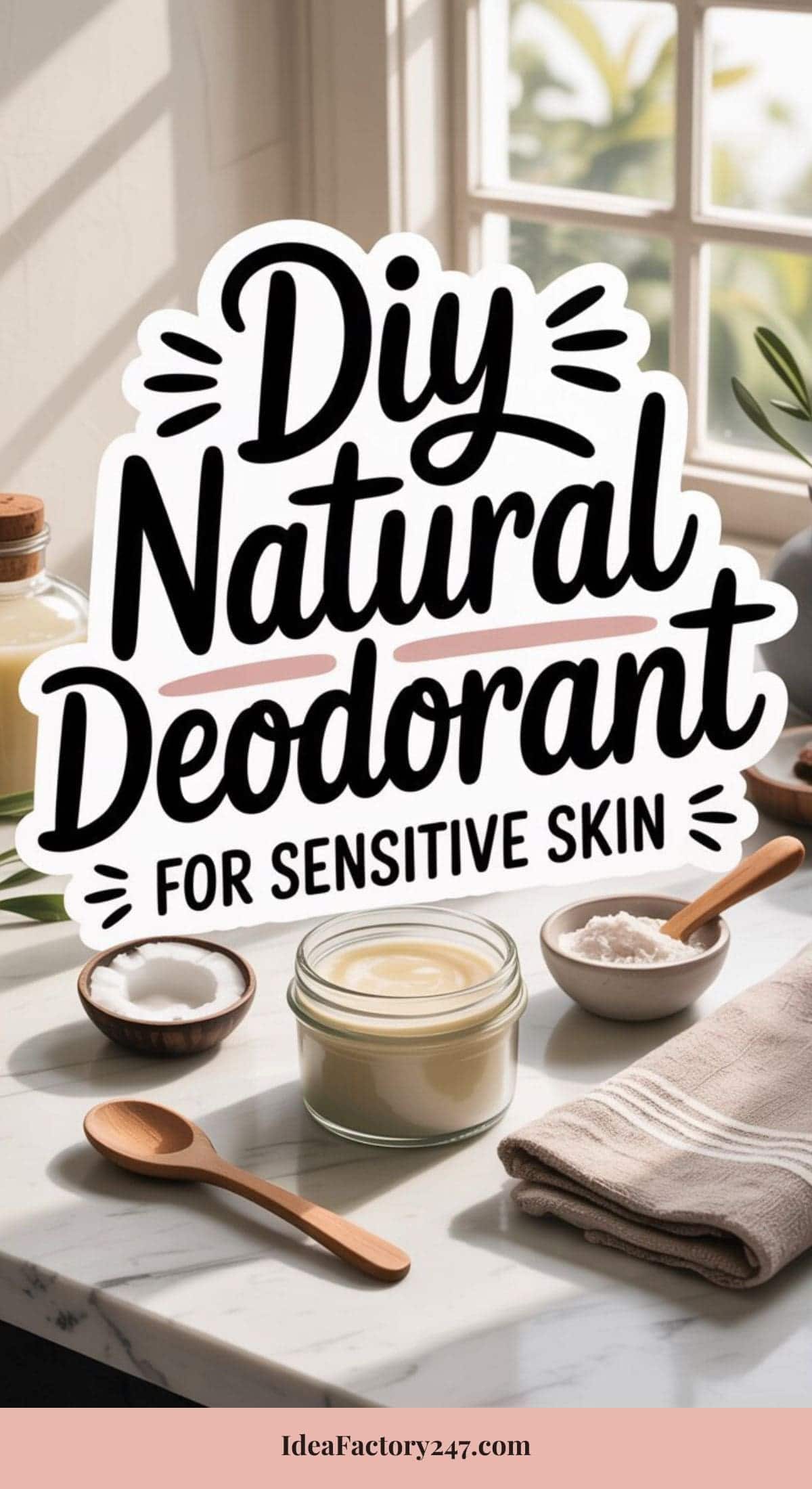 A jar of natural deodorant sits on a marble table with wooden spoons, bowls of powder, and a folded towel. Text on the image reads, DIY Natural Deodorant for Sensitive Skin. Sunlight streams through a window.
