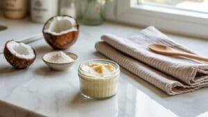 A jar of creamy coconut butter sits on a marble countertop with a halved coconut, a small bowl of coconut flour, and a folded striped kitchen towel with a wooden spoon beside it. Natural light comes from a nearby window.