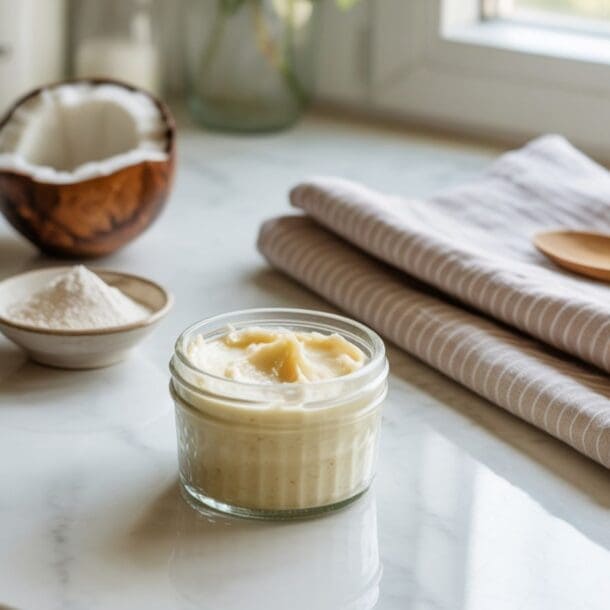 A jar of creamy coconut butter sits on a marble countertop with a halved coconut, a small bowl of coconut flour, and a folded striped kitchen towel with a wooden spoon beside it. Natural light comes from a nearby window.