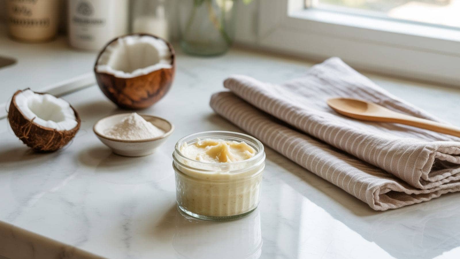 A jar of creamy coconut butter sits on a marble countertop with a halved coconut, a small bowl of coconut flour, and a folded striped kitchen towel with a wooden spoon beside it. Natural light comes from a nearby window.