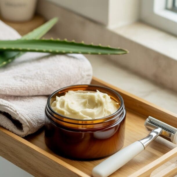 A wooden tray with a jar of DIY shaving cream, a safety razor, a folded towel, and two aloe vera leaves sits on a bathroom counter beside a window.