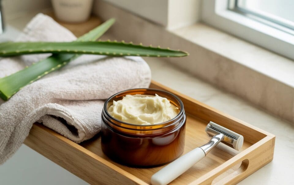 A wooden tray with a jar of DIY shaving cream, a safety razor, a folded towel, and two aloe vera leaves sits on a bathroom counter beside a window.