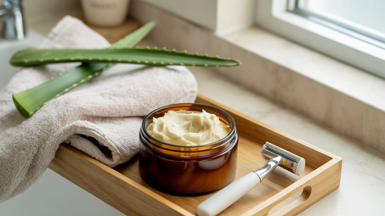 A wooden tray with a jar of DIY shaving cream, a safety razor, a folded towel, and two aloe vera leaves sits on a bathroom counter beside a window.