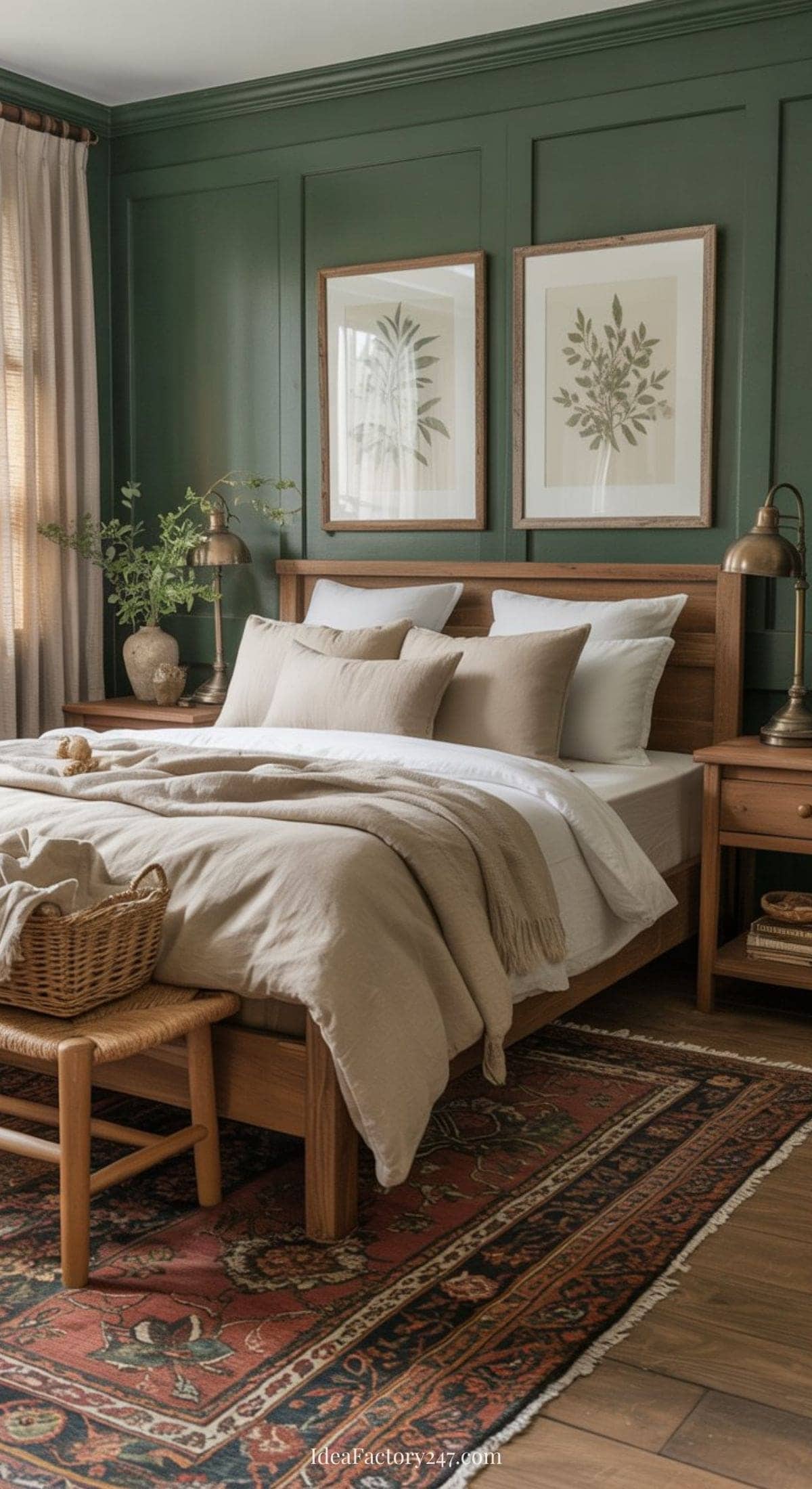 A cozy bedroom with green paneled walls, a wooden bed with neutral bedding, and beige pillows. Two botanical prints hang above the bed, flanked by lamps and nightstands. A patterned rug and woven bench are at the foot of the bed.