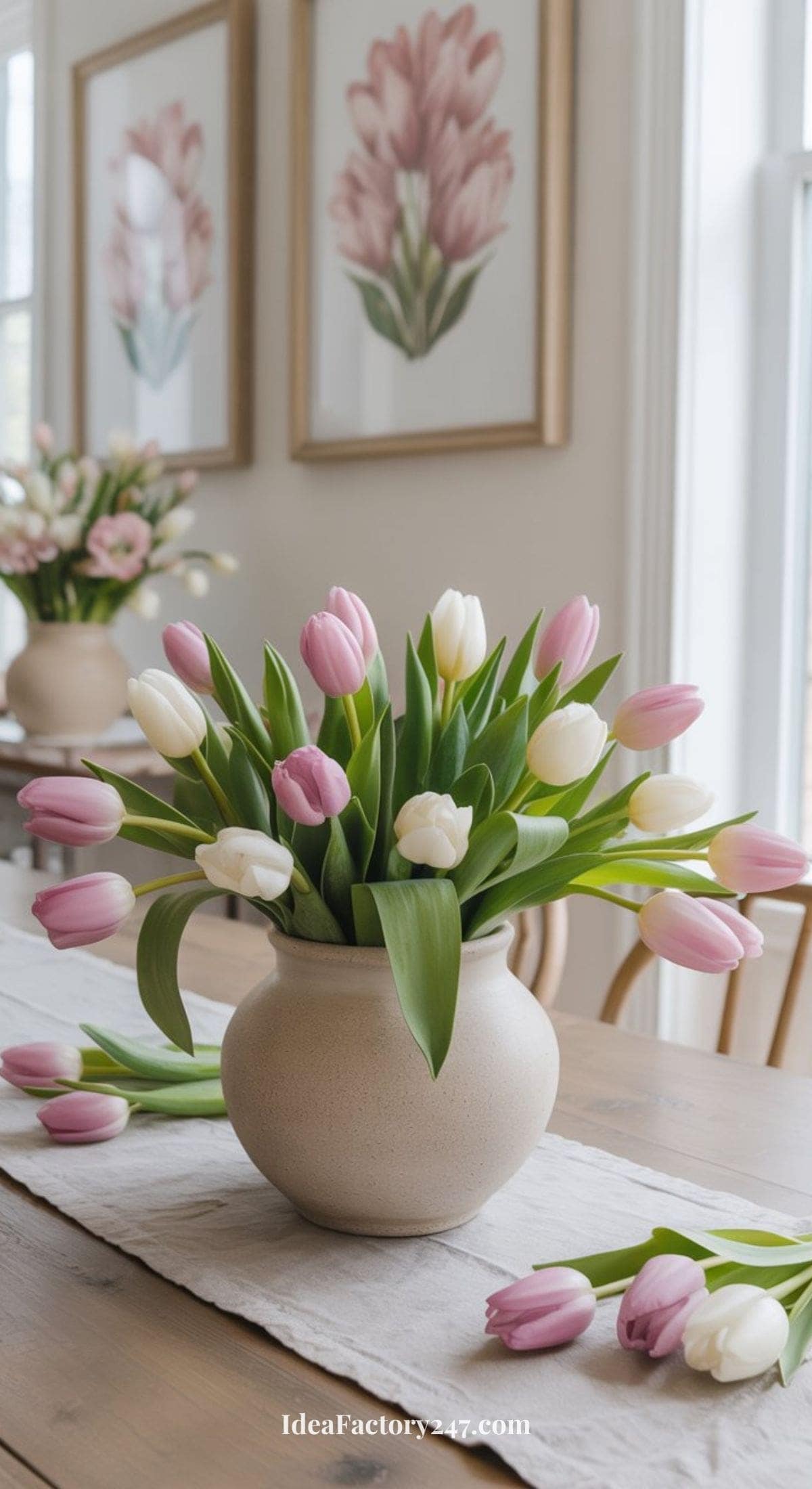 A beige vase filled with pink and white tulips sits on a wooden table with a white runner. Framed floral artwork and another vase of tulips are visible in the background, creating a bright, cozy setting.