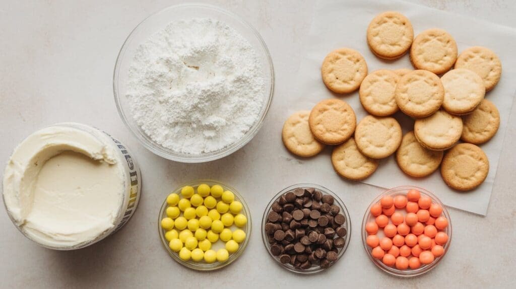 A flat lay of baking ingredients for No Bake Chick Cheesecake Bites, including a bowl of powdered sugar, round vanilla cookies, white frosting, yellow and orange candies, and chocolate chips, all arranged on a light surface.