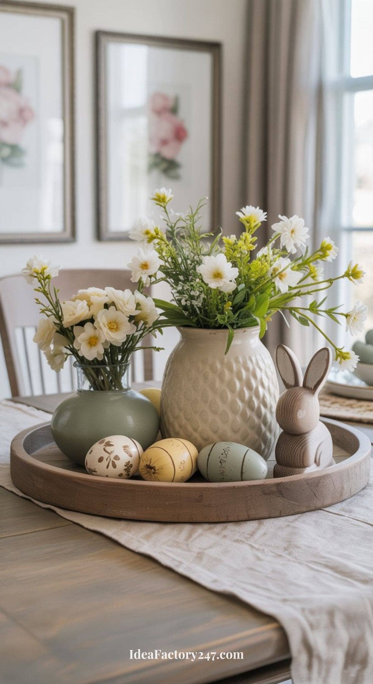A decorative tray on a table holds pastel Easter eggs, two vases with white and yellow flowers, and a wooden bunny figurine. Framed floral prints and a window are visible in the background.