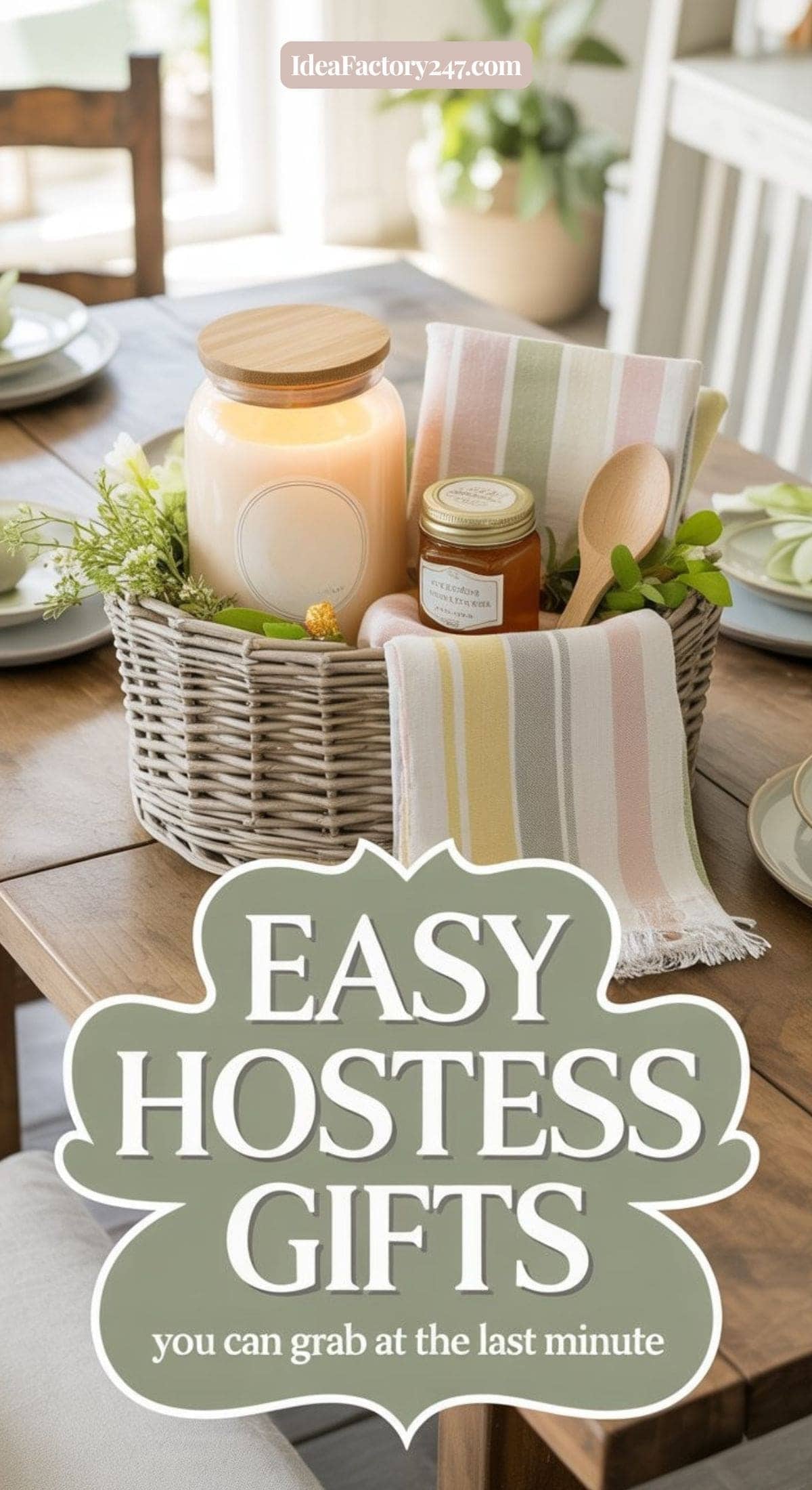 A wicker basket with a candle, jam jar, wooden spoon, and striped towel sits on a set dining table. Text reads: Easy Hostess Gifts you can grab at the last minute.