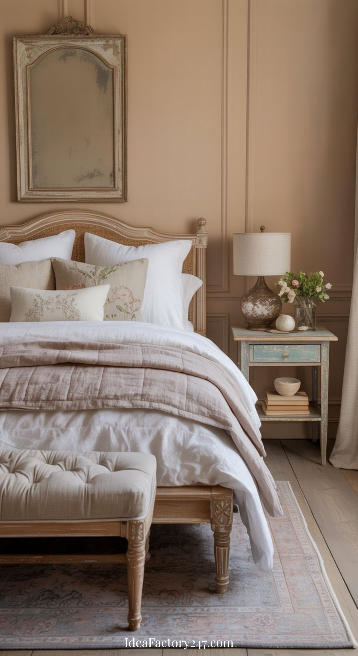 A cozy farmhouse bedroom with a decorative bed, white and beige bedding, a tufted bench, vintage nightstand with flowers and lamp, and a large mirror above the bed. The room features soft, neutral tones for a warm ambiance.