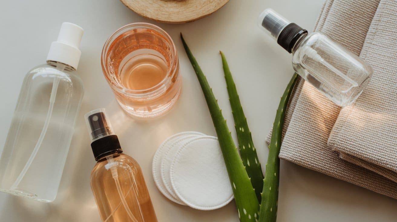 Skincare products in clear spray bottles, a glass of pink liquid, round cotton pads, two aloe vera leaves, and folded beige towels are arranged on a light surface.