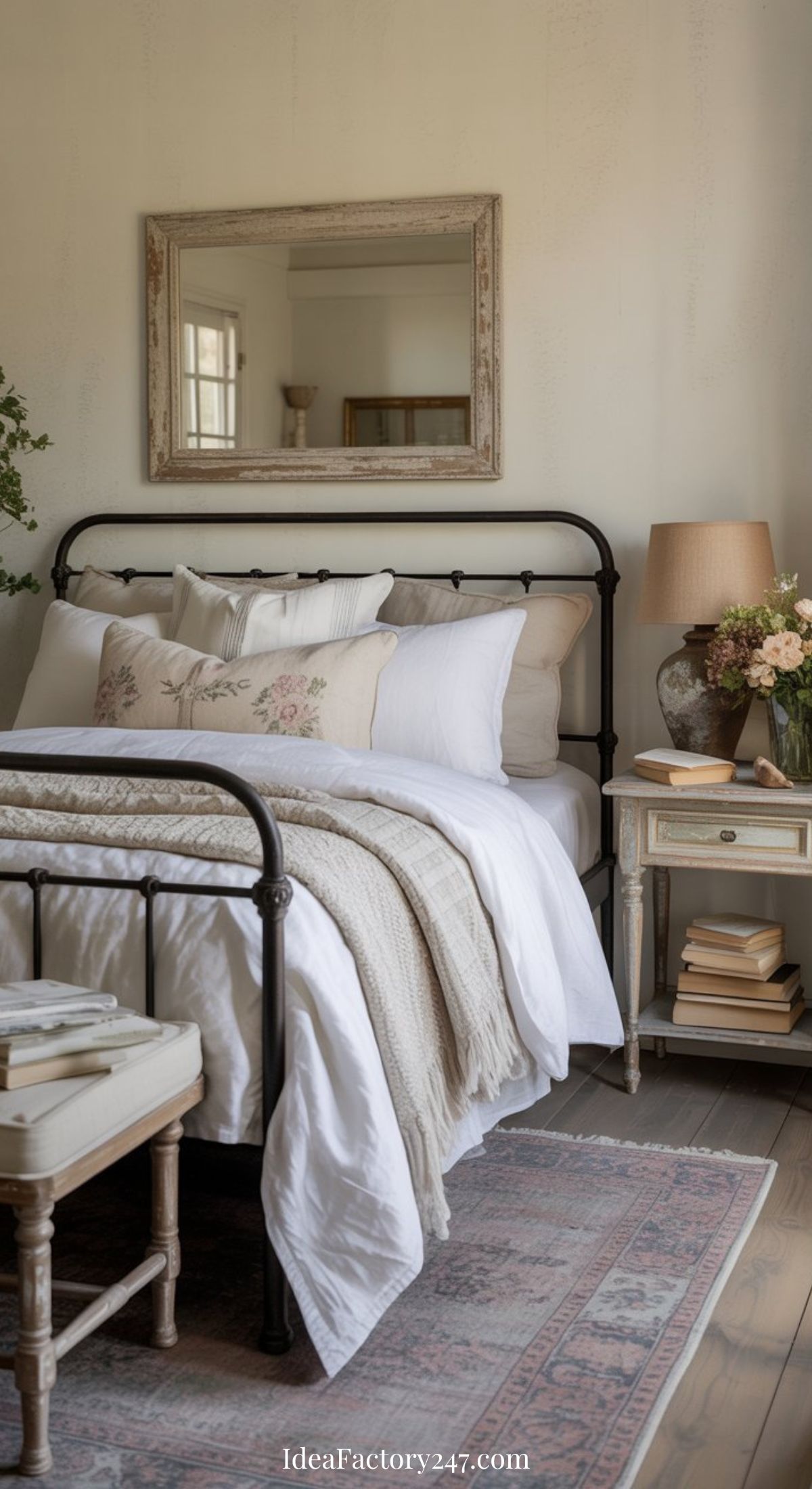 A cozy farmhouse bedroom featuring a black metal bed frame, white bedding, and beige decorative pillows. A rustic nightstand with a lamp, books, and flowers sits beside the bed, while a large mirror hangs above.