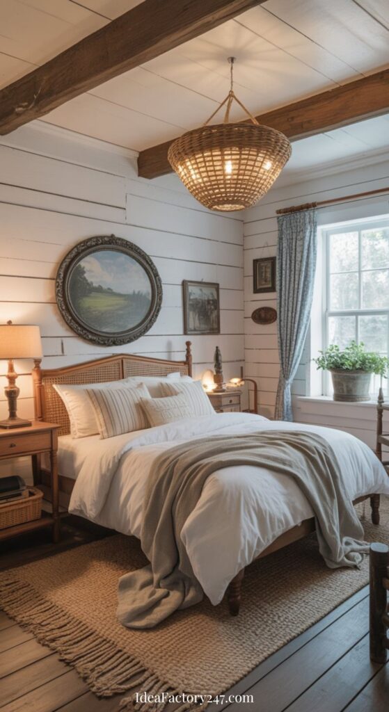 A cozy farmhouse bedroom featuring white shiplap walls, a wooden bed with white and beige bedding, a woven chandelier, rustic decor, and a window with blue curtains and a potted plant on the sill.