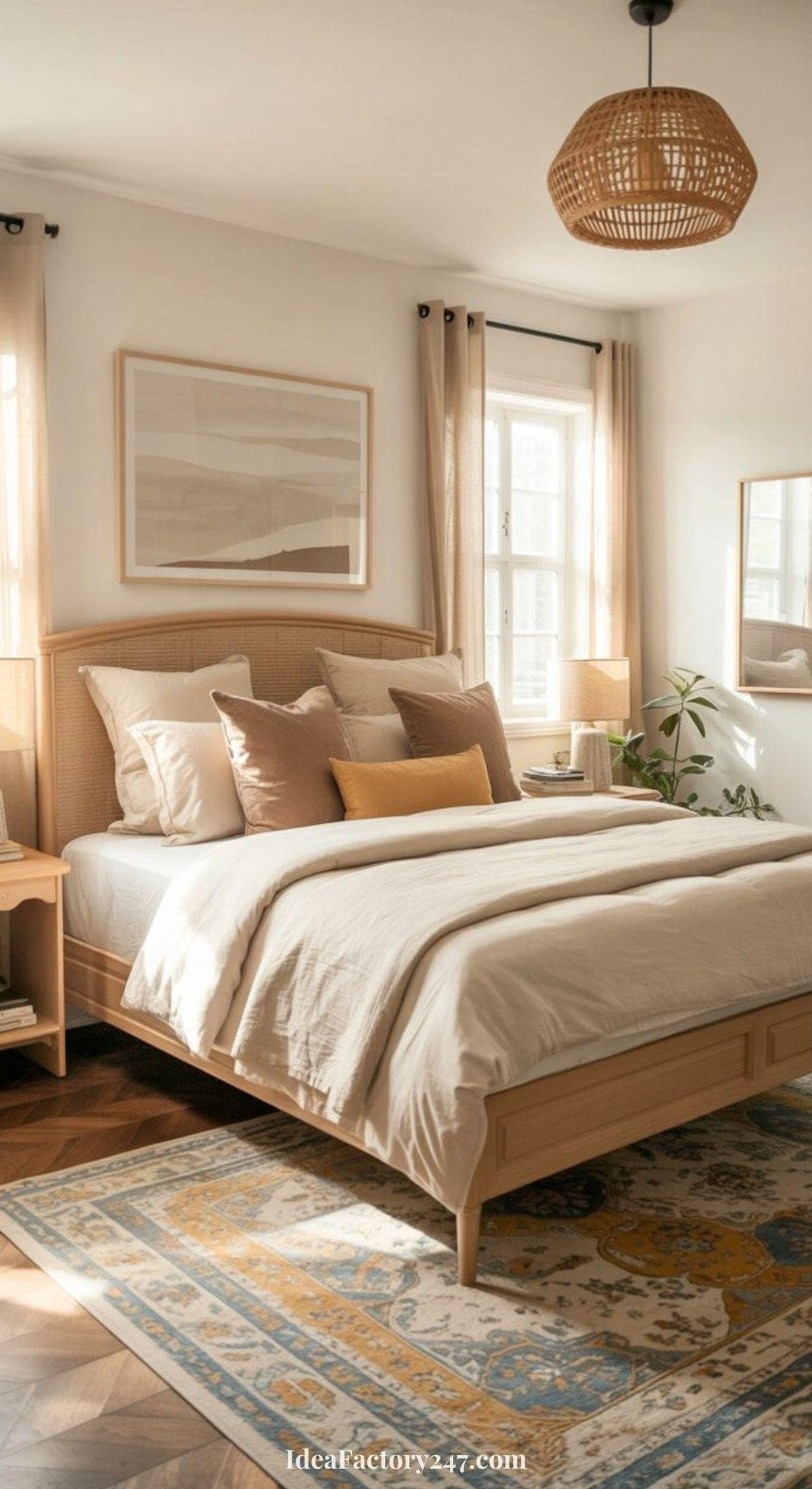 A bright, cozy farmhouse bedroom features a wooden bed, neutral bedding, earth-toned pillows, a patterned rug, and large windows letting in sunlight. There’s a woven pendant light, framed art, and a potted plant by the bedside table.