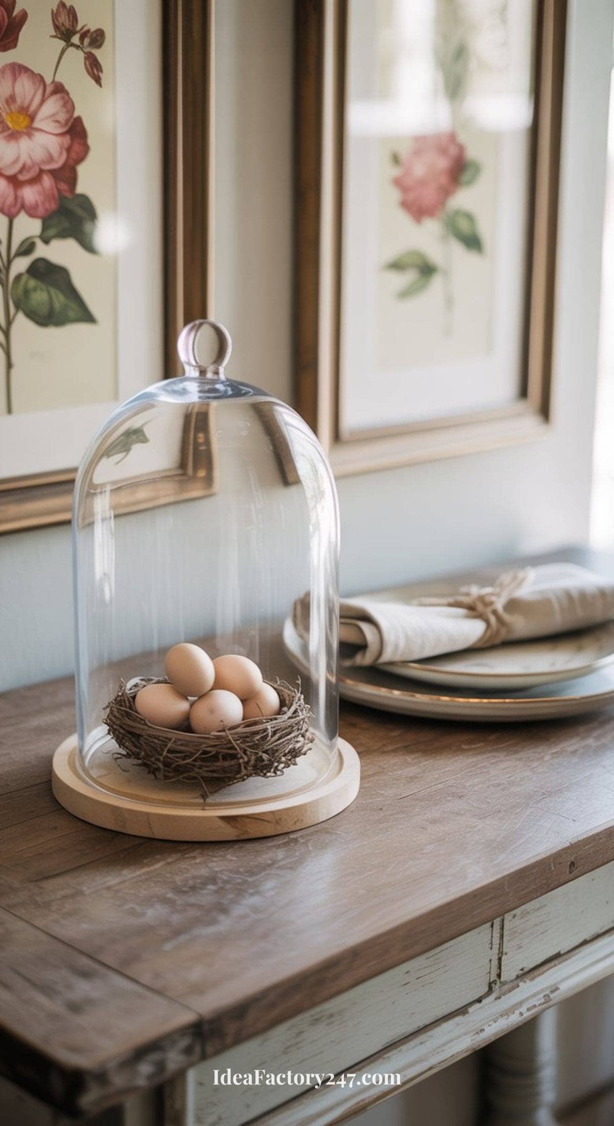 A nest with several brown eggs sits under a glass cloche on a wooden table, beside stacked plates with napkins. Floral artwork hangs on the wall in the background.