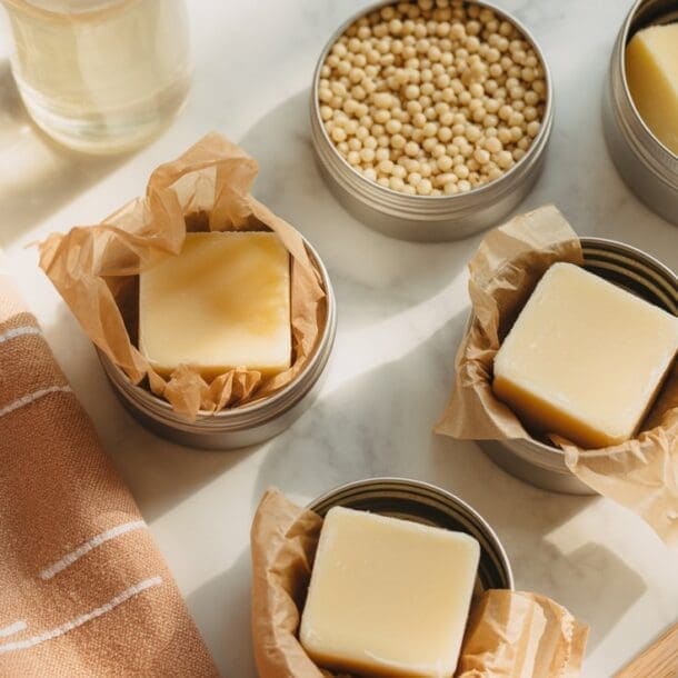 A marble surface with tins of DIY lotion bars, a tin of yellow beads, a glass of oil, a brown striped towel, and a wooden spoon arranged neatly in natural light.