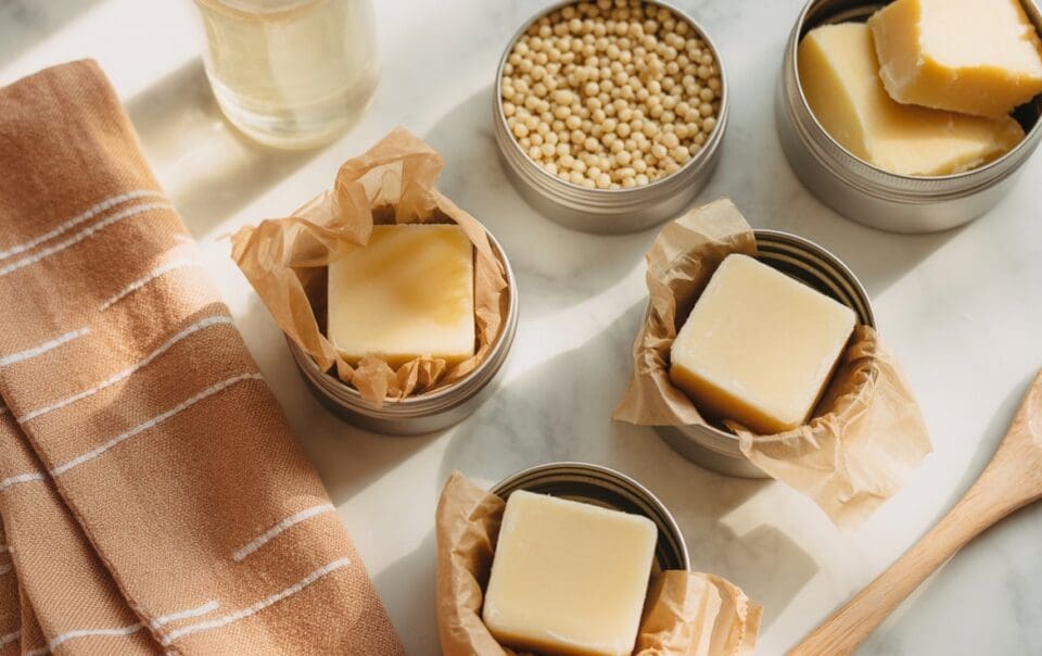 A marble surface with tins of DIY lotion bars, a tin of yellow beads, a glass of oil, a brown striped towel, and a wooden spoon arranged neatly in natural light.