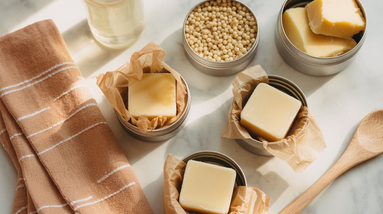 A marble surface with tins of DIY lotion bars, a tin of yellow beads, a glass of oil, a brown striped towel, and a wooden spoon arranged neatly in natural light.