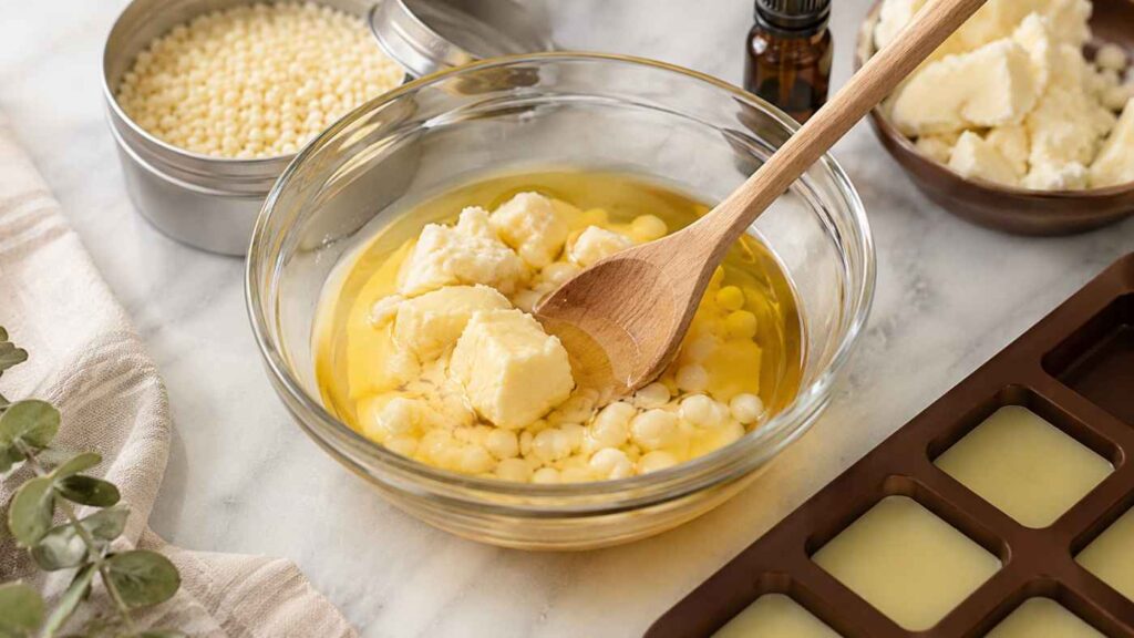 A glass bowl with shea butter, beeswax pellets, and oil, being mixed with a wooden spoon—the perfect start for crafting DIY lotion bars. Nearby are a tin with more pellets, a small brown bottle, a bowl of butter, and a silicone mold with filled sections ready to set into nourishing delights.