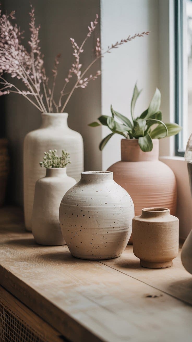 A group of ceramic vases in neutral tones, some with plants and dried flowers, is arranged on a wooden windowsill in soft natural light.