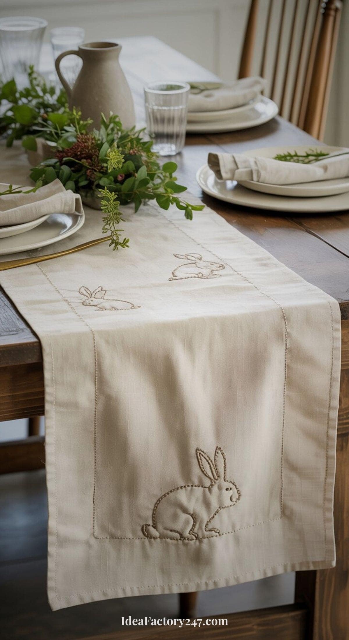 A wooden dining table is set with plates, glasses, and beige napkins. A cream table runner with embroidered rabbits decorates the center, along with greenery and a ceramic pitcher.