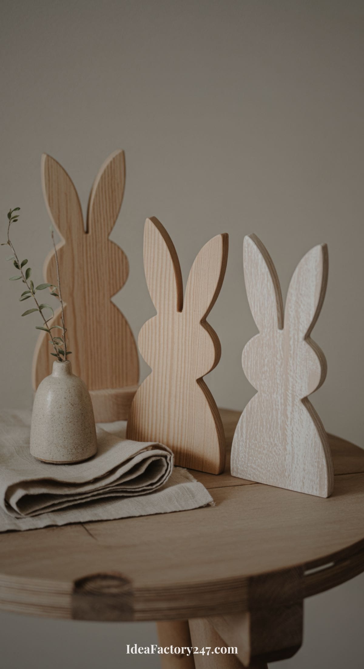Three wooden bunny-shaped figures stand on a round wooden table next to a small beige vase with a green sprig and a folded beige napkin. The background is plain and neutral.