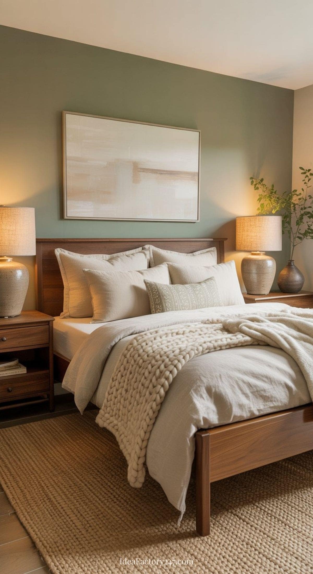 A cozy bedroom with a wooden bed, neutral bedding, chunky knit blanket, two bedside tables with lamps, a jute rug, green accent wall, abstract artwork, and a vase with greenery.