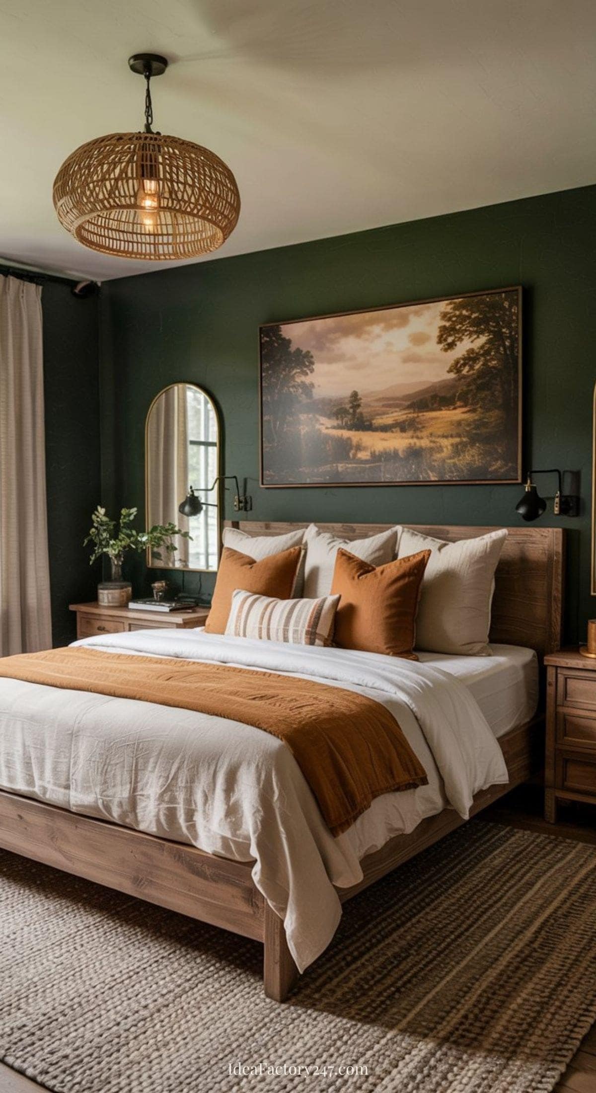 A cozy farmhouse bedroom featuring a wooden bed, white and rust-colored bedding, green walls, two round mirrors, a landscape painting above the headboard, and a woven rattan ceiling light. Natural light streams through a window.