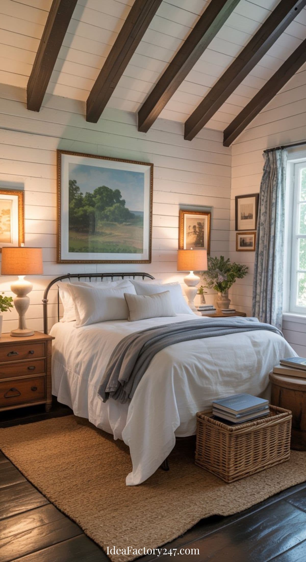 A cozy farmhouse bedroom with white shiplap walls, exposed dark wooden beams, a metal bed frame with white bedding, two bedside tables with lamps, framed art, a woven rug, a wicker basket, and sunlight streaming through the window.