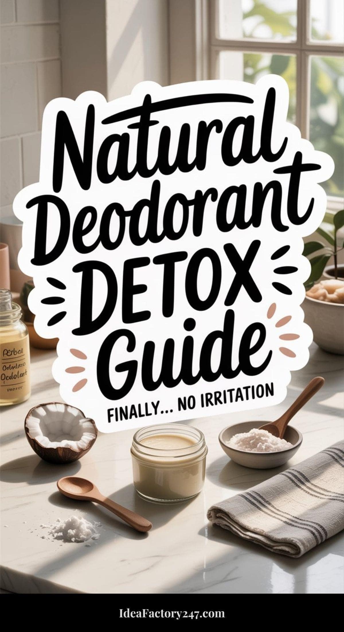 A kitchen countertop displays natural deodorant ingredients like coconut oil, baking soda, and a wooden spoon. The text reads, Natural Deodorant Detox Guide. Finally... No Irritation. Sunlight streams through a window.