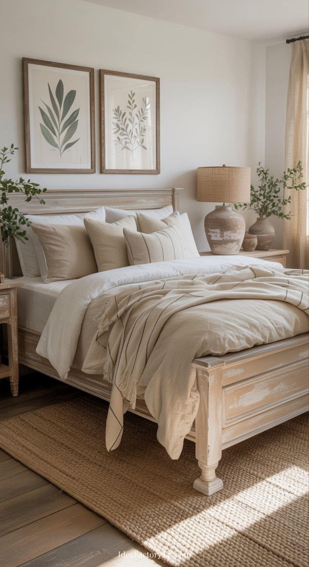 A cozy bedroom with a wooden bed, beige bedding, neutral pillows, a woven rug, two bedside tables with lamps and green plants, and two botanical prints hanging above the headboard. Sunlight streams through a window with sheer curtains.