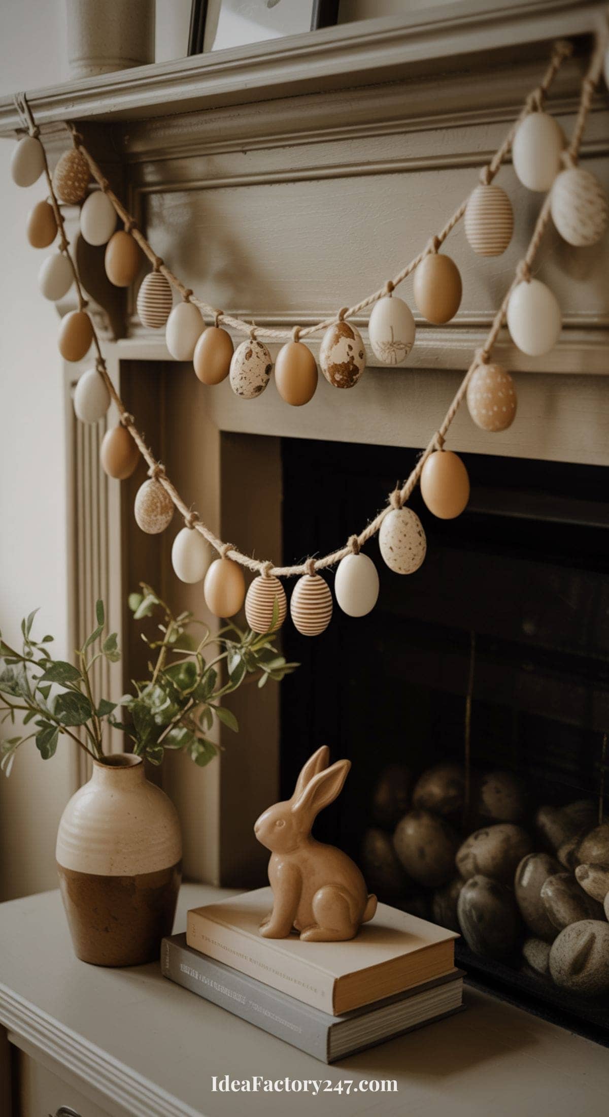 A fireplace decorated with garlands of pastel and speckled Easter eggs, a potted plant, and a ceramic rabbit figurine sitting on stacked books. The scene has a soft, neutral color palette.