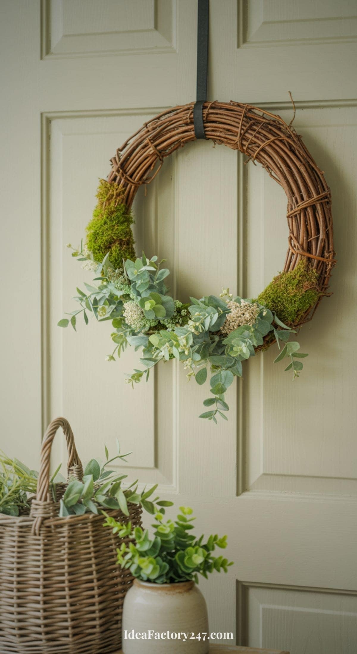 A rustic grapevine wreath with green foliage, small white flowers, and moss hangs on a beige door. Below, a wicker basket filled with similar greenery sits nearby.