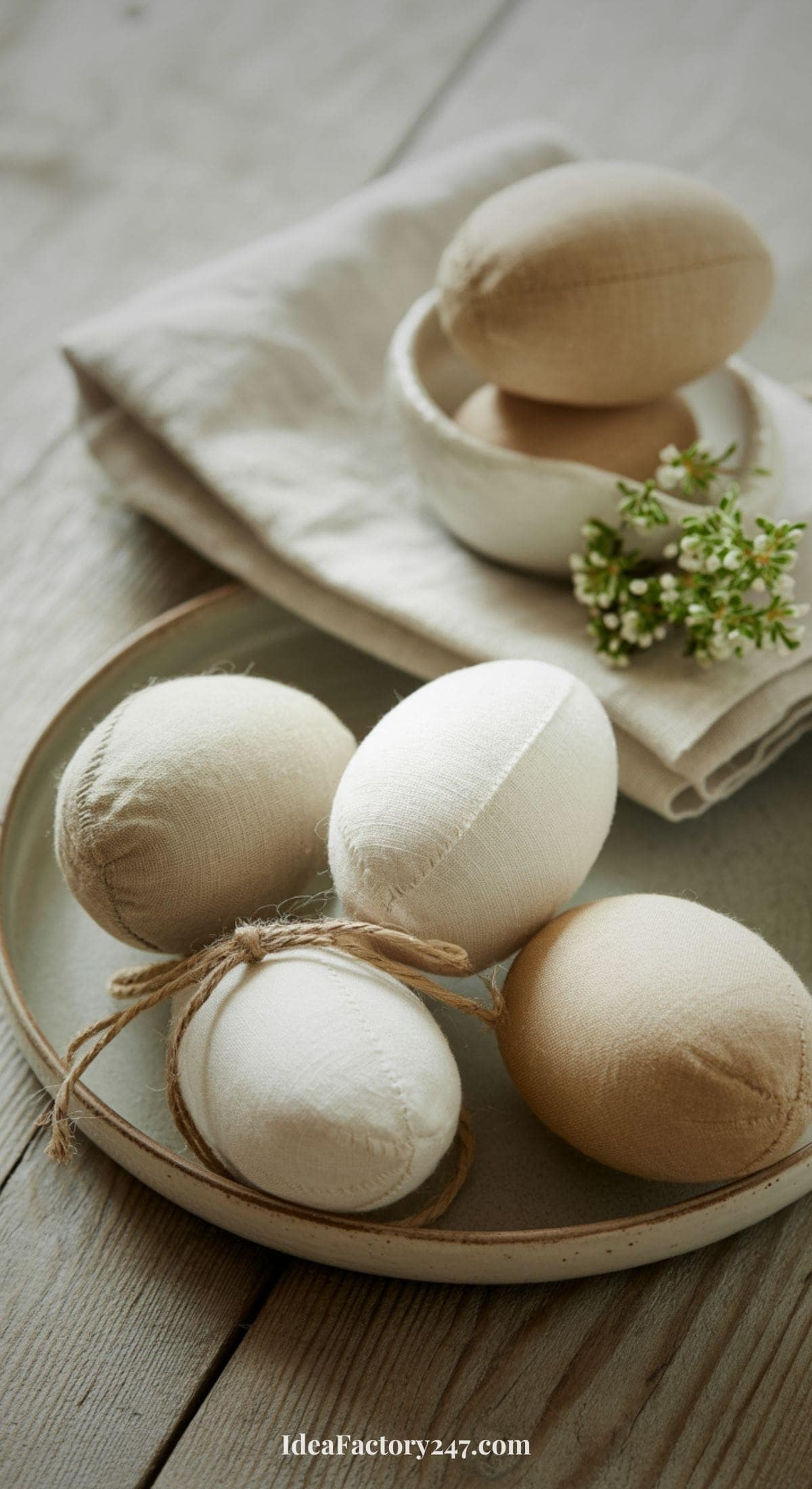 A plate with four beige and white fabric eggs, one tied with twine, sits on a wooden table beside a napkin, a small bowl with two more fabric eggs, and a small sprig of flowers.