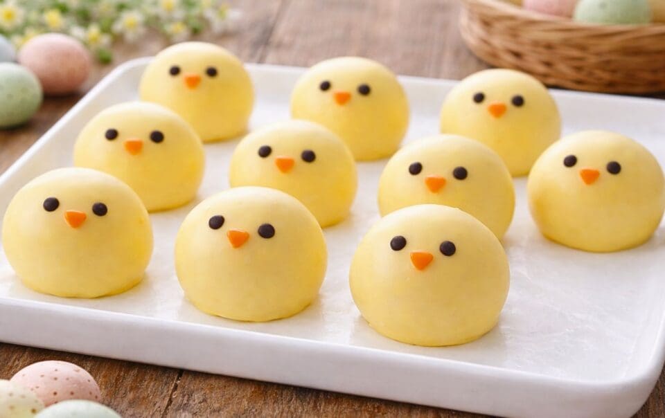 A tray of No Bake Chick Cheesecake Bites—round yellow chick-shaped sweets with chocolate eyes and orange beaks—are arranged neatly on white parchment paper, with pastel candy eggs in the background.