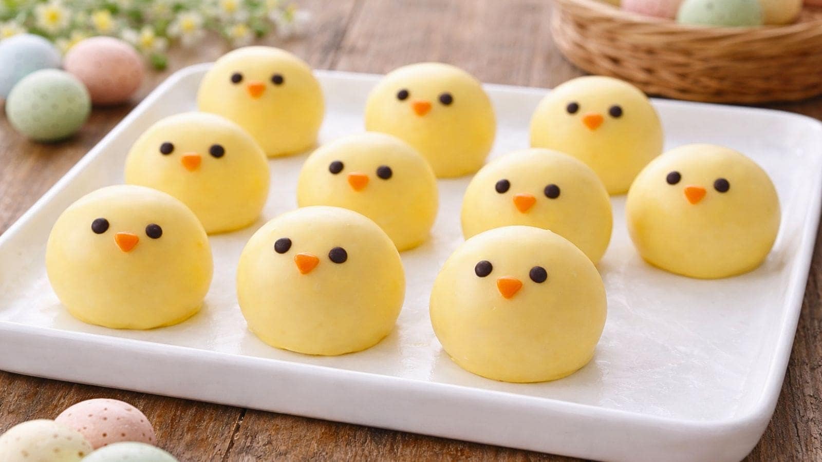 A tray of No Bake Chick Cheesecake Bites—round yellow chick-shaped sweets with chocolate eyes and orange beaks—are arranged neatly on white parchment paper, with pastel candy eggs in the background.
