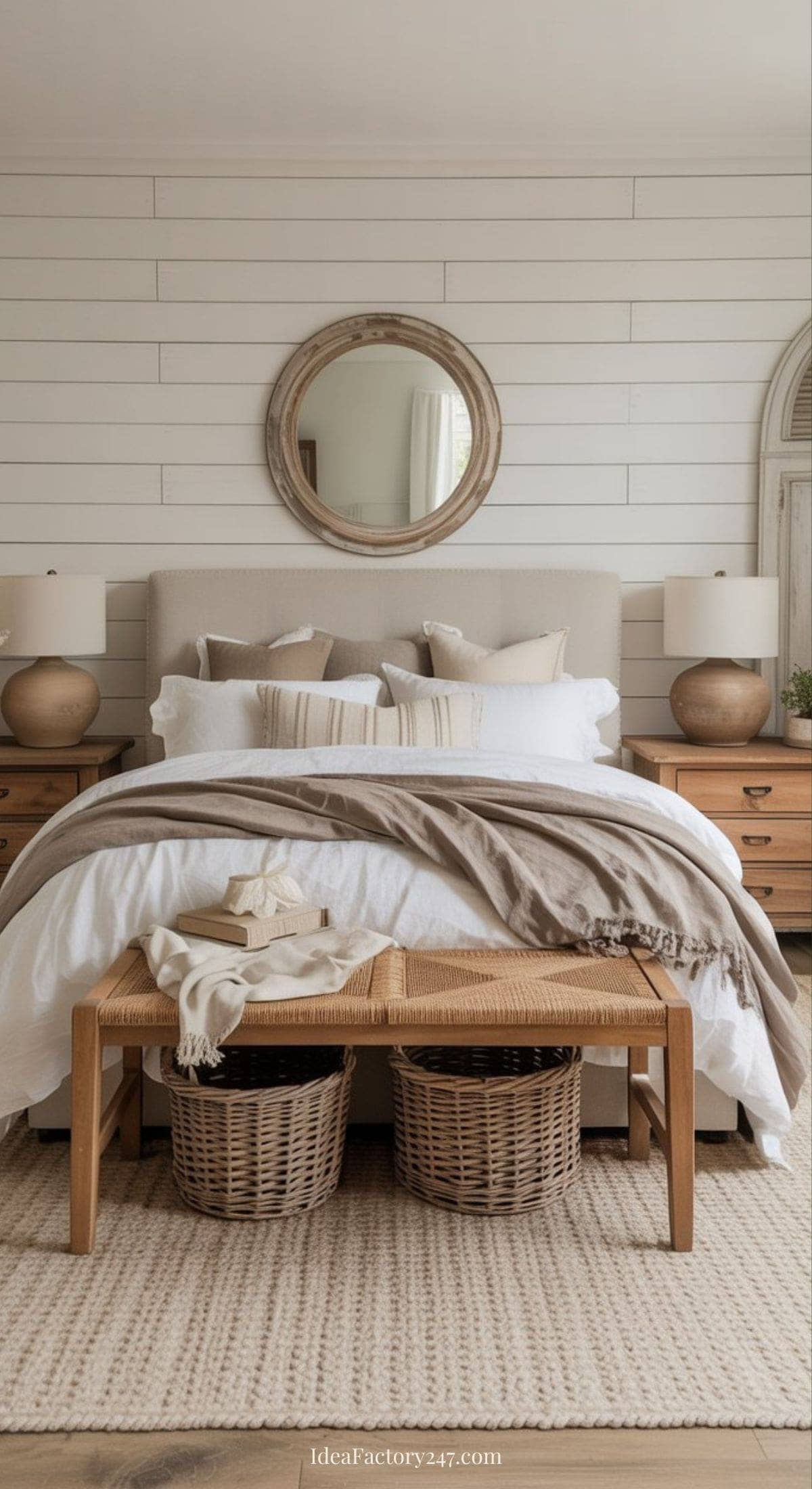 A cozy bedroom with a beige upholstered bed, white bedding, neutral pillows, a light brown throw, wooden nightstands with lamps, a round mirror above the bed, woven baskets under a wooden bench, and a textured rug.