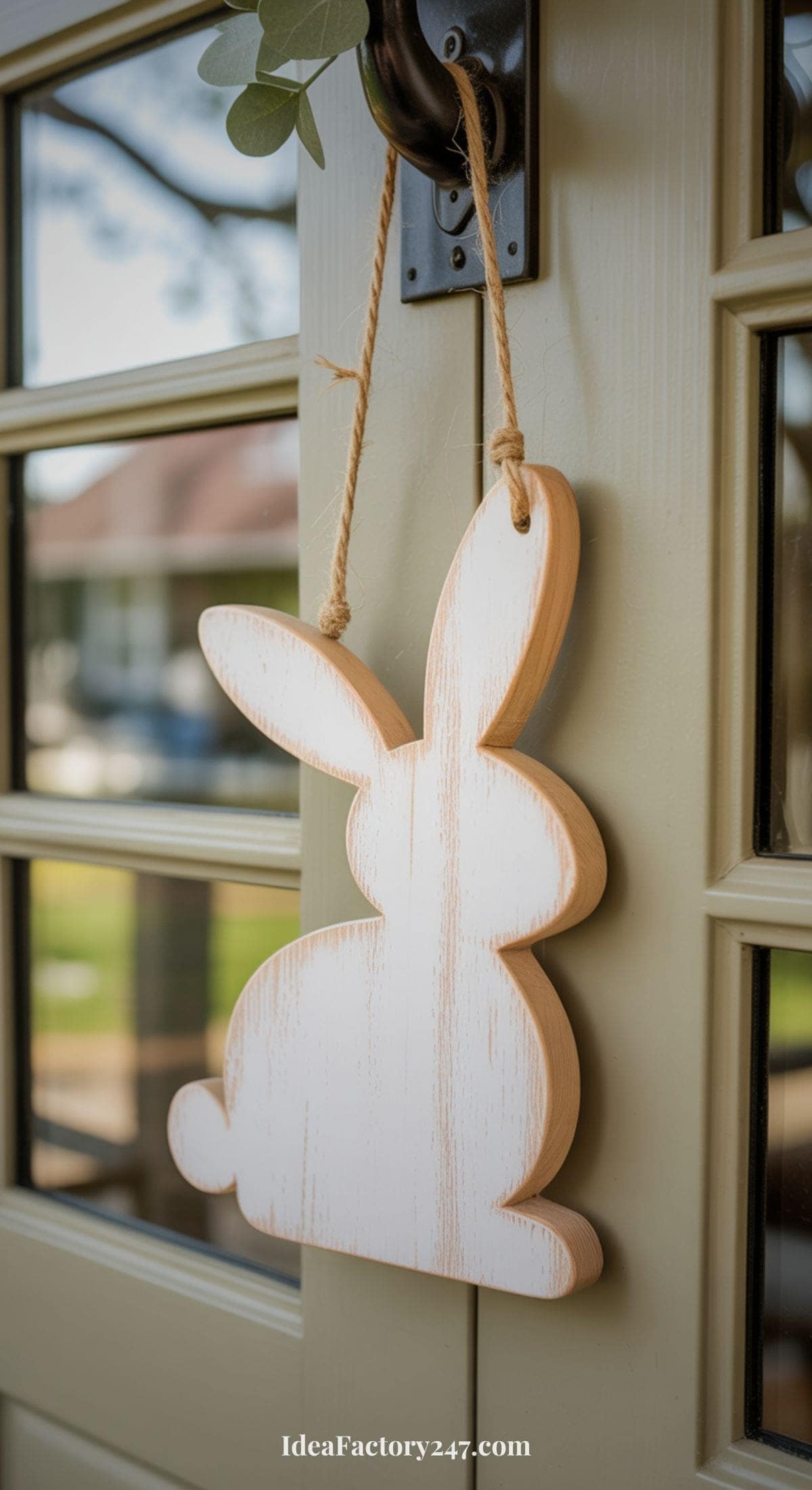 A wooden bunny-shaped sign with a light rustic finish hangs by a rope on a beige door with glass panels. The bunny is shown in profile, and outdoor greenery is visible through the glass.