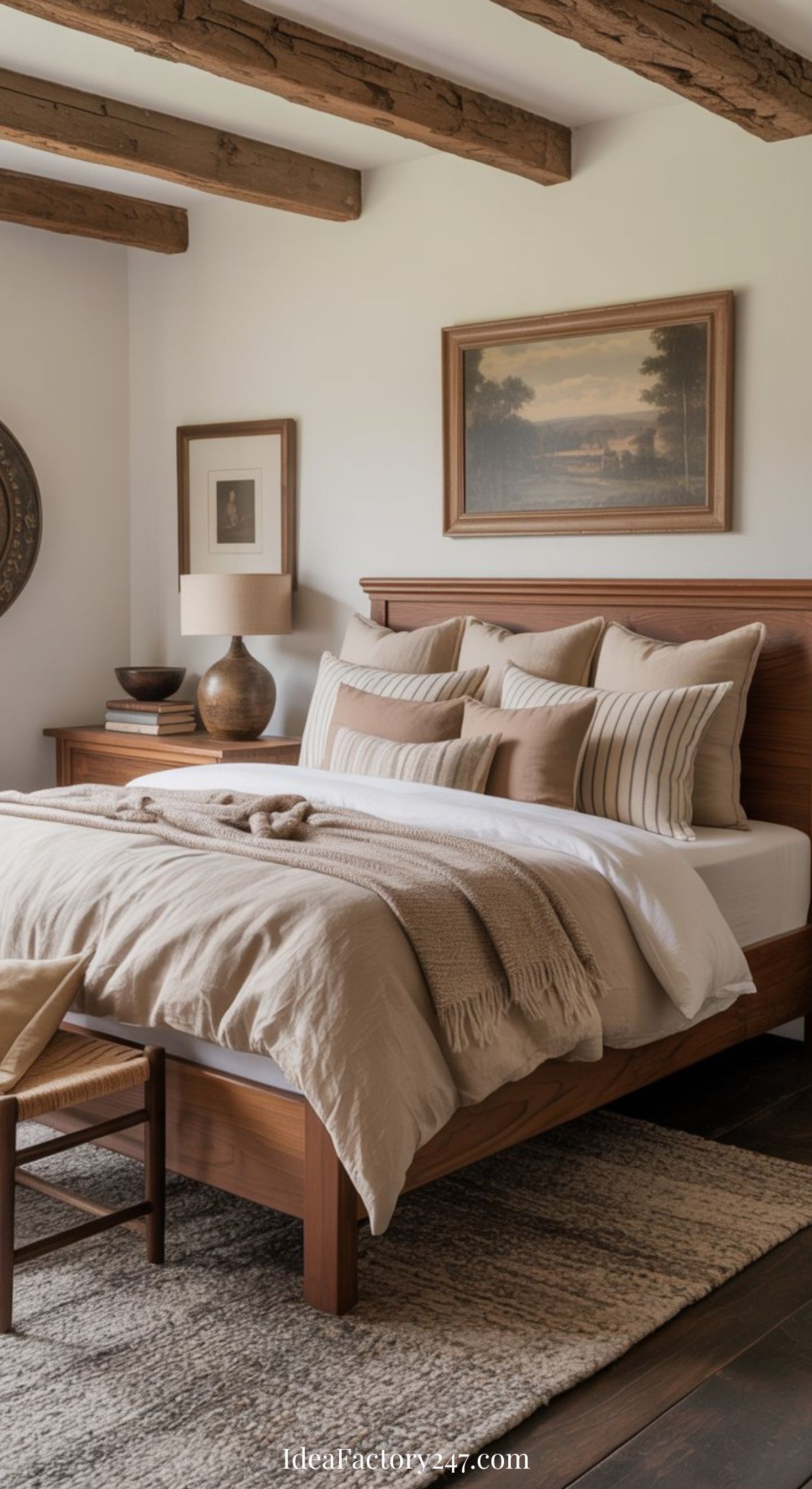 A cozy farmhouse bedroom with a wooden bed, beige and white bedding, matching throw pillows, rustic ceiling beams, a nightstand with a lamp, framed art on the wall, and a woven rug on the dark wood floor.